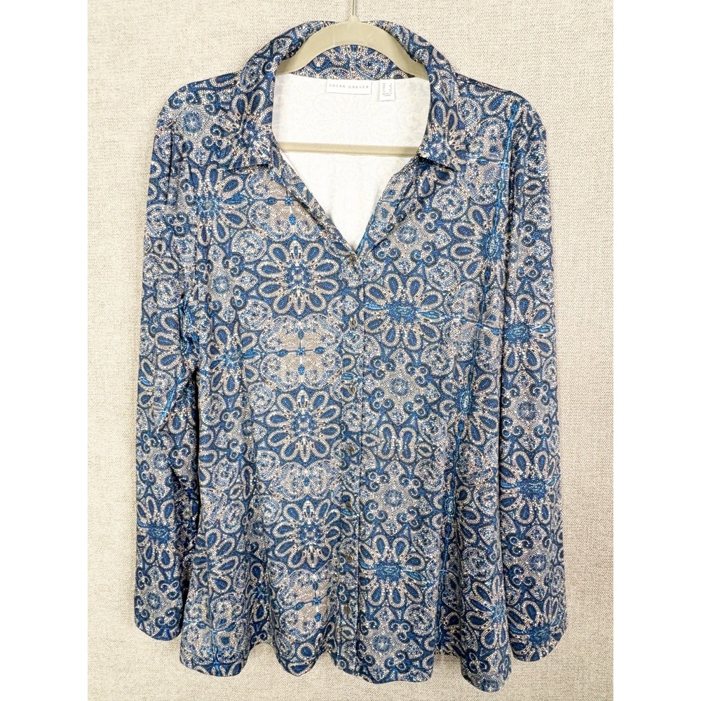 Susan Graver Top Womens Large Blue Floral Geometric Button Up Long Sleeve Retro
